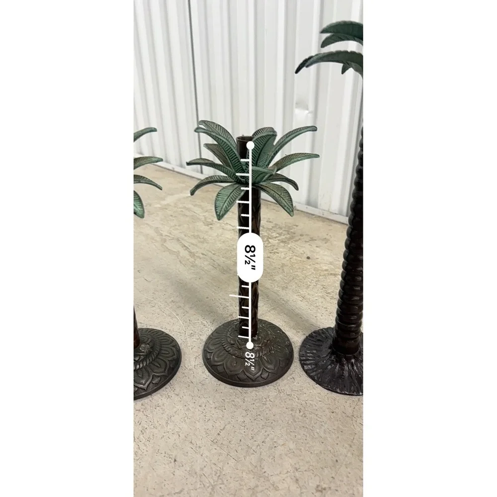 VTG Palm‎ Tree Candle Holders Set Brass 3 Bronze Metal Tropical Regency Decor